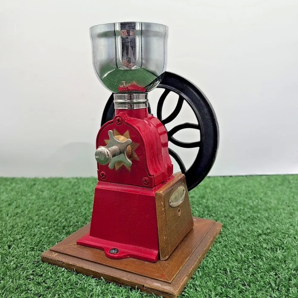 Vintage Mr. Dudley International Red Cast Iron Coffee Manual Wheel‎ Grinder Wood